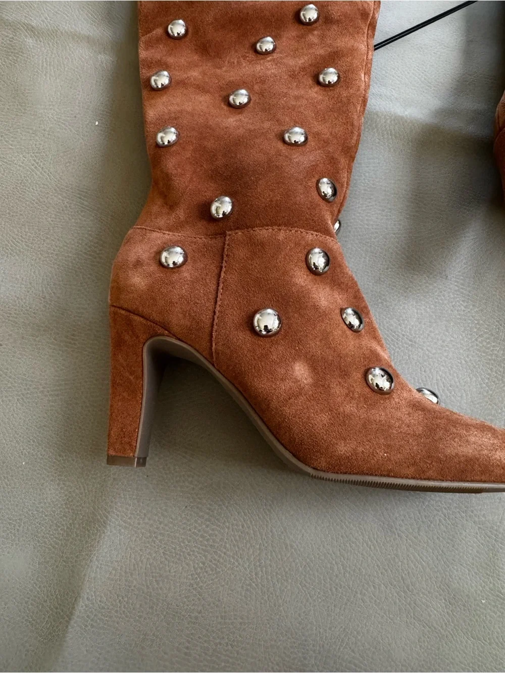 Genuine Suede Over-the-Knee Silver Studded Tan Boots Western Festival Chic Sz 8